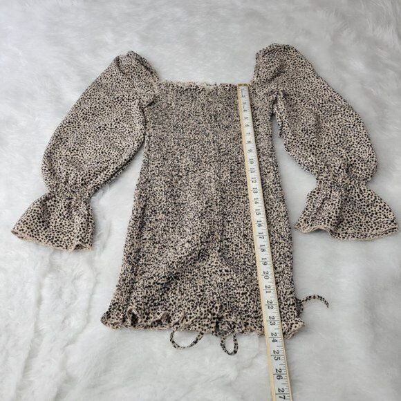 O. Vianca Animal Print Ruffled Smocked Cinched Side Long Sleeve Mini Dress Small - Picture 5 of 12